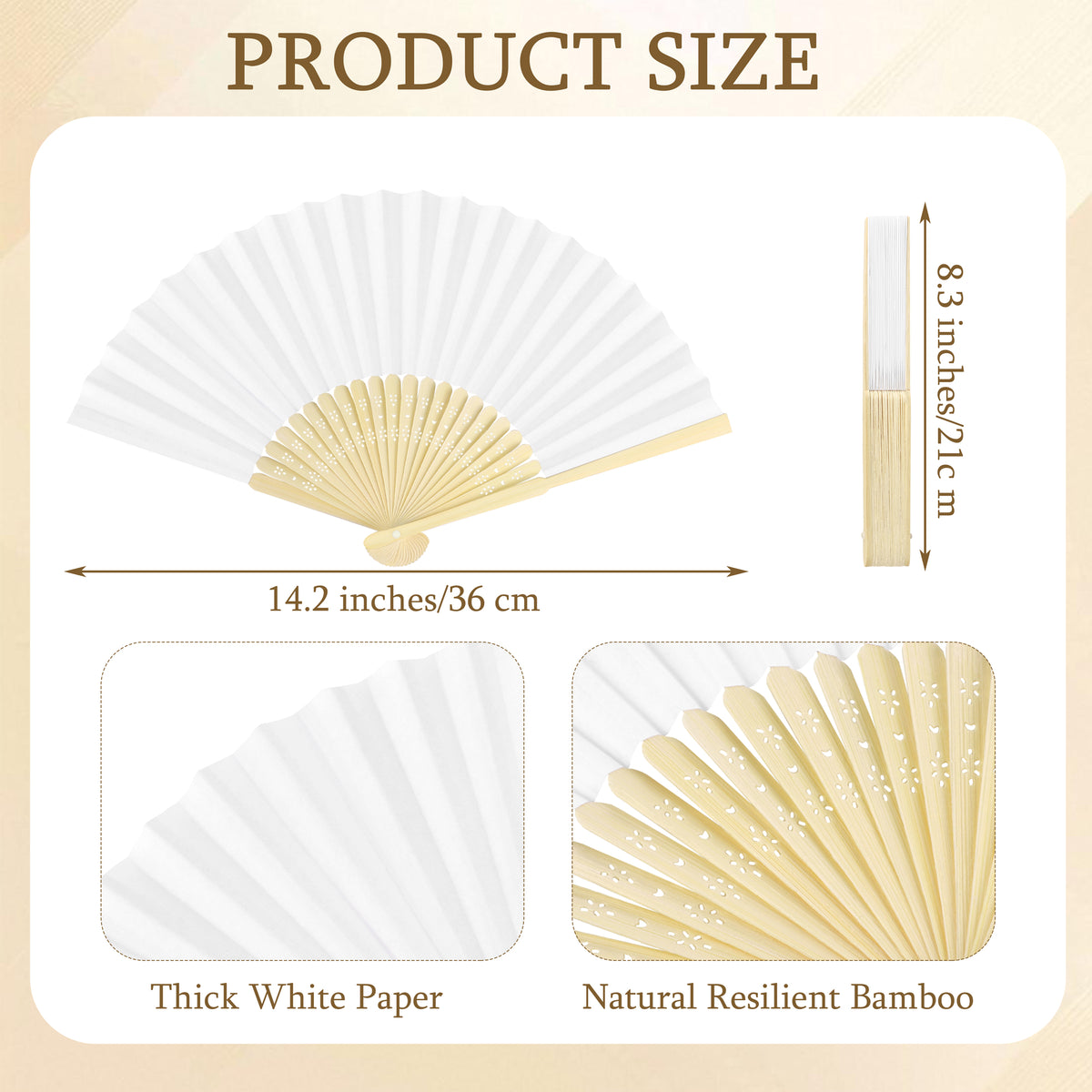 Texloom Folding Handheld Fans 8.3 Inch White Paper Wedding Fans,Bamboo Folding Fan, Paper Fan, Folded Fan for Wedding Favors, Bridal Shower Party and Decorations, Summer Cooling
