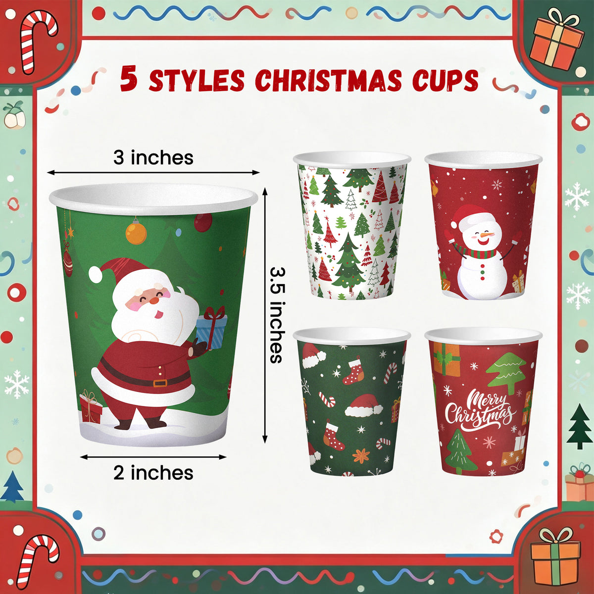 Texloom Christmas Paper Cups, 3 x 2 x 3.5 Inch Disposable Holiday Cups Texloom,5 Festive Designs Christmas in July Paper Cups for Xmas Celebration, Hot Cold Beverage Chocolate Tea Cocoa Party Office