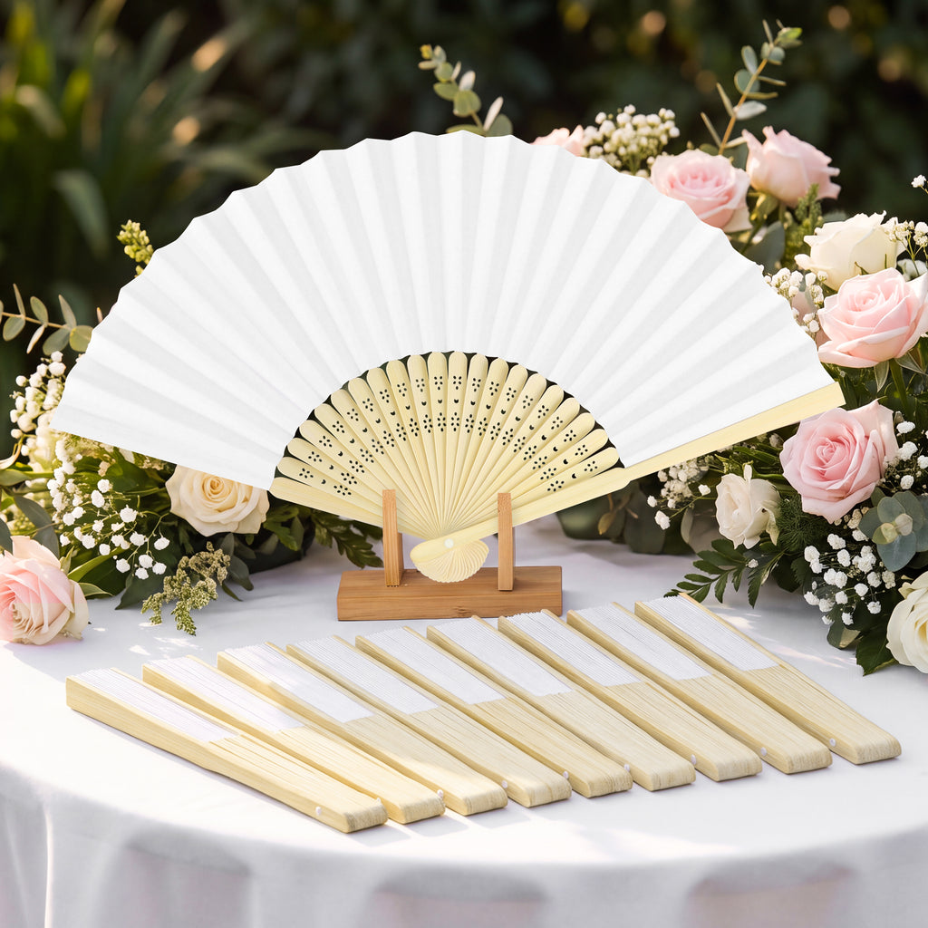 Texloom Folding Handheld Fans 8.3 Inch White Paper Wedding Fans,Bamboo Folding Fan, Paper Fan, Folded Fan for Wedding Favors, Bridal Shower Party and Decorations, Summer Cooling